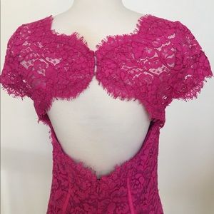 Monique Lhullier magenta cap-sleeve lace midi.